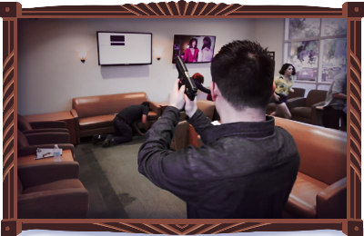 A gunman wielding a pistol prepares to kill more victims in a hospital lobby, as patients and visitors crouch, cower, and flee.