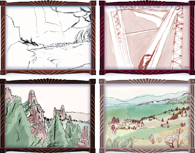 Thumbnails of four sketches: The first, the bend of the Arkansas River in Royal Gorge. The second, a tall, rusty structure in the centre of the gorge, overhead. The third, a view of the Garden of the Gods, with the Cheyenne Mountain in the far distance. The fourth, a vista from the CHeyenne Mountain of a small clearing in the dense forest below.